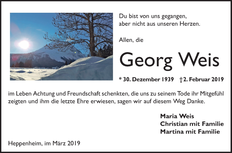  Traueranzeige für Georg Weis vom 23.03.2019 aus VRM Tageszeitungen