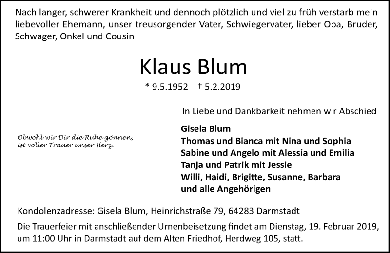  Traueranzeige für Klaus Blum vom 05.03.2019 aus vrm-trauer