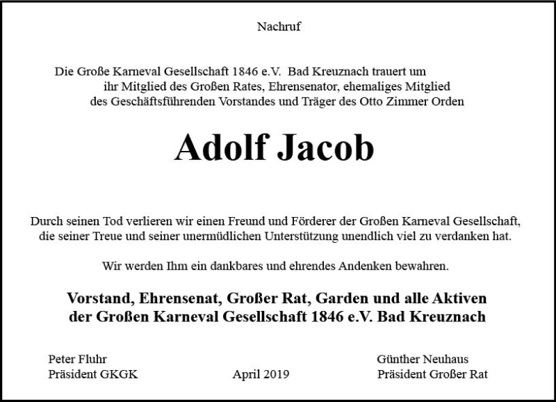  Traueranzeige für Adolf Jacob vom 20.04.2019 aus vrm-trauer