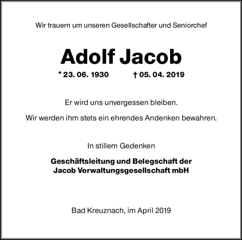  Traueranzeige für Adolf Jacob vom 20.04.2019 aus vrm-trauer