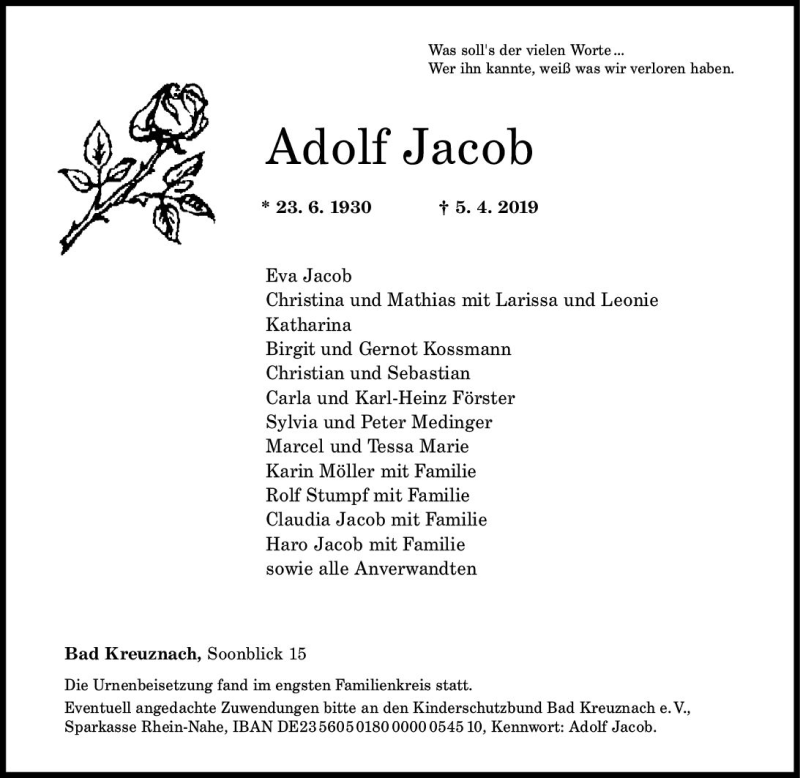  Traueranzeige für Adolf Jacob vom 20.04.2019 aus vrm-trauer