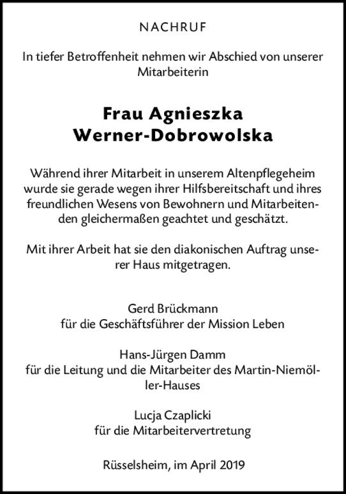  Traueranzeige für Agnieszka Werner-Dobrowolska vom 13.04.2019 aus vrm-trauer
