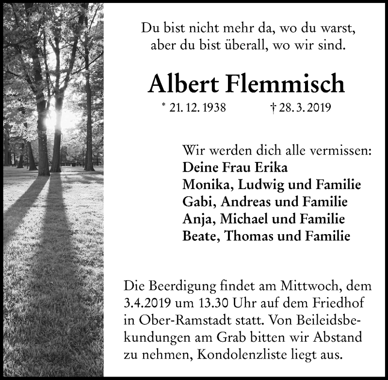  Traueranzeige für Albert Flemmisch vom 02.04.2019 aus vrm-trauer