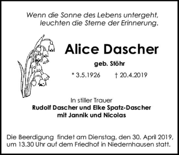 Traueranzeige von Alice Dascher von vrm-trauer
