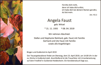 Traueranzeige von Angela Faust von vrm-trauer