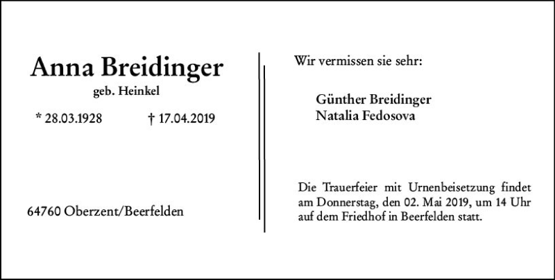  Traueranzeige für Anna Breidinger vom 27.04.2019 aus vrm-trauer