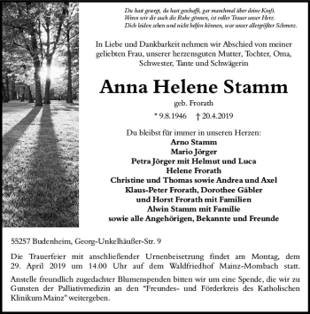Traueranzeige von Anna Helene Stamm von vrm-trauer