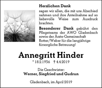 Traueranzeige von Annegritt Hinder von  HA - Hinterländer Anzeiger ()