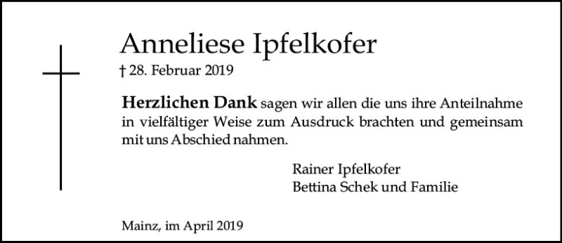  Traueranzeige für Anneliese Ipfelkofer vom 06.04.2019 aus vrm-trauer