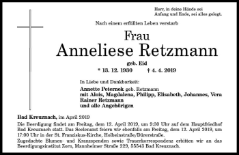 Traueranzeige von Anneliese Retzmann von vrm-trauer