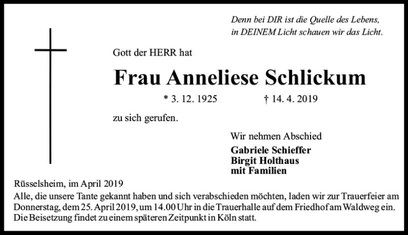  Traueranzeige für Anneliese Schlickum vom 20.04.2019 aus vrm-trauer