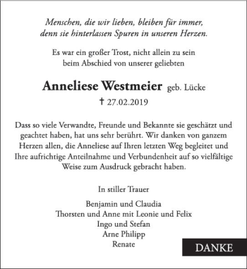 Traueranzeige von Anneliese Westmeier von  HA - Hinterländer Anzeiger ()
