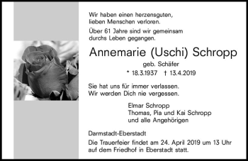 Traueranzeige von Annemarie Schropp von vrm-trauer