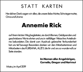 Traueranzeige von Annemie Rick von vrm-trauer