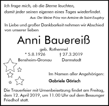 Traueranzeige von Anni Bauereiß von vrm-trauer