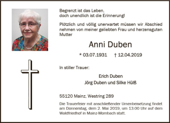 Traueranzeige von Anni Duben von vrm-trauer