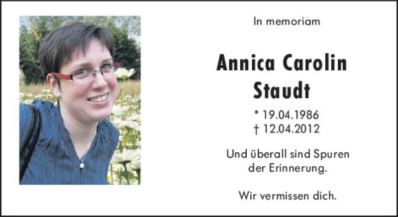  Traueranzeige für Annica Carolin Staudt vom 12.04.2019 aus vrm-trauer