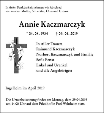 Traueranzeige von Annie Kaczmarczyk von vrm-trauer