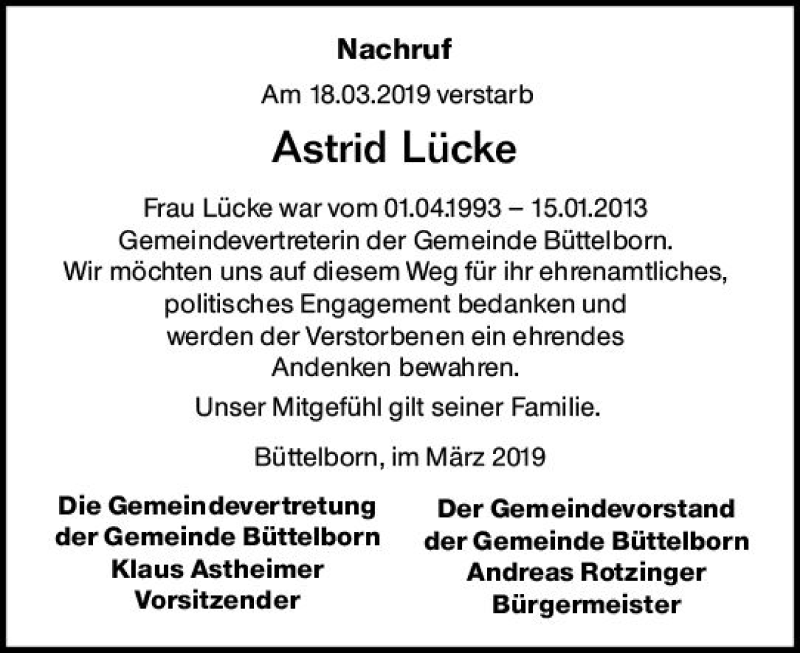 Traueranzeige für Astrid Lücke vom 06.04.2019 aus vrm-trauer