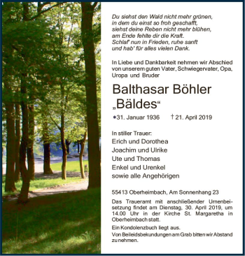 Traueranzeige von Balthasar Böhler von vrm-trauer