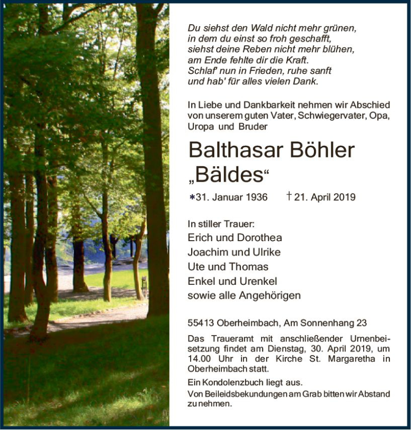 Traueranzeige für Balthasar Böhler vom 27.04.2019 aus vrm-trauer