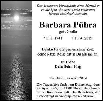 Traueranzeige von Barbara Pühra von vrm-trauer