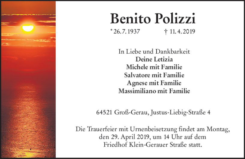  Traueranzeige für Benito Polizzi vom 24.04.2019 aus vrm-trauer