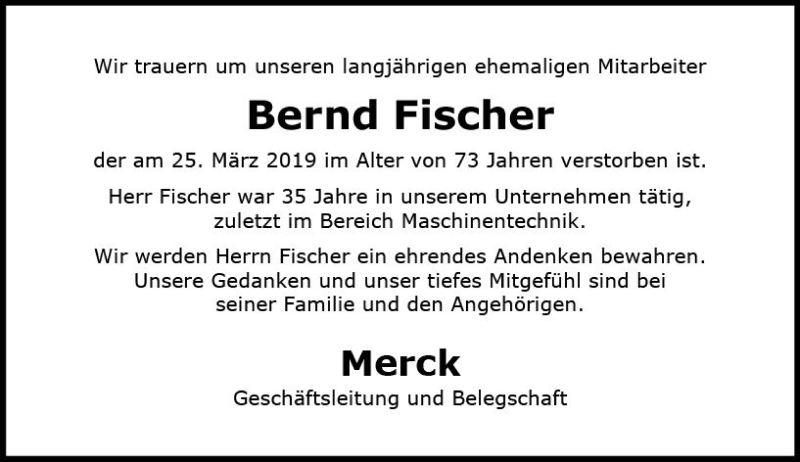  Traueranzeige für Bernd Fischer vom 05.04.2019 aus vrm-trauer