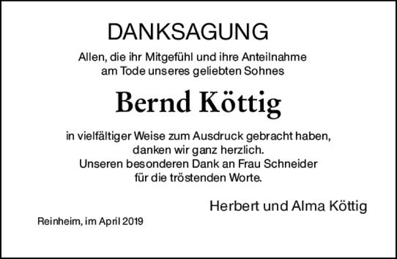  Traueranzeige für Bernd Köttig vom 29.04.2019 aus vrm-trauer