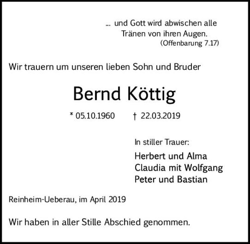  Traueranzeige für Bernd Köttig vom 13.04.2019 aus vrm-trauer