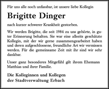 Traueranzeige von Brigitte Dinger von vrm-trauer