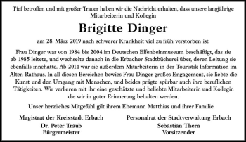 Traueranzeige von Brigitte Dinger von vrm-trauer