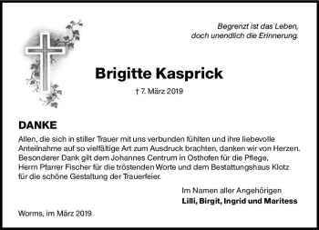 Traueranzeige von Brigitte Kasprick von vrm-trauer