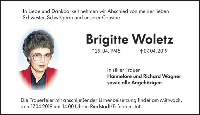  Traueranzeige für Brigitte Woletz vom 13.04.2019 aus vrm-trauer