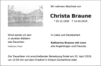 Traueranzeige von Christa Braune von vrm-trauer