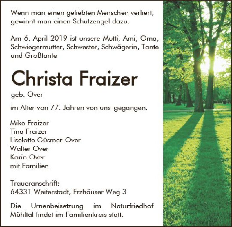 Traueranzeige für Christa Fraizer vom 13.04.2019 aus vrm-trauer