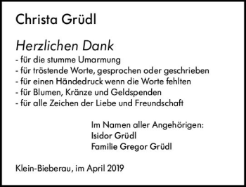 Traueranzeige von Christa Grüdl von vrm-trauer