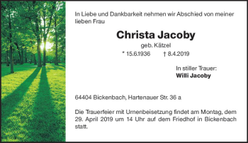 Traueranzeige von Christa Jacoby von vrm-trauer