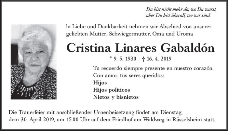  Traueranzeige für Cristina Linares Gabaldon vom 27.04.2019 aus vrm-trauer