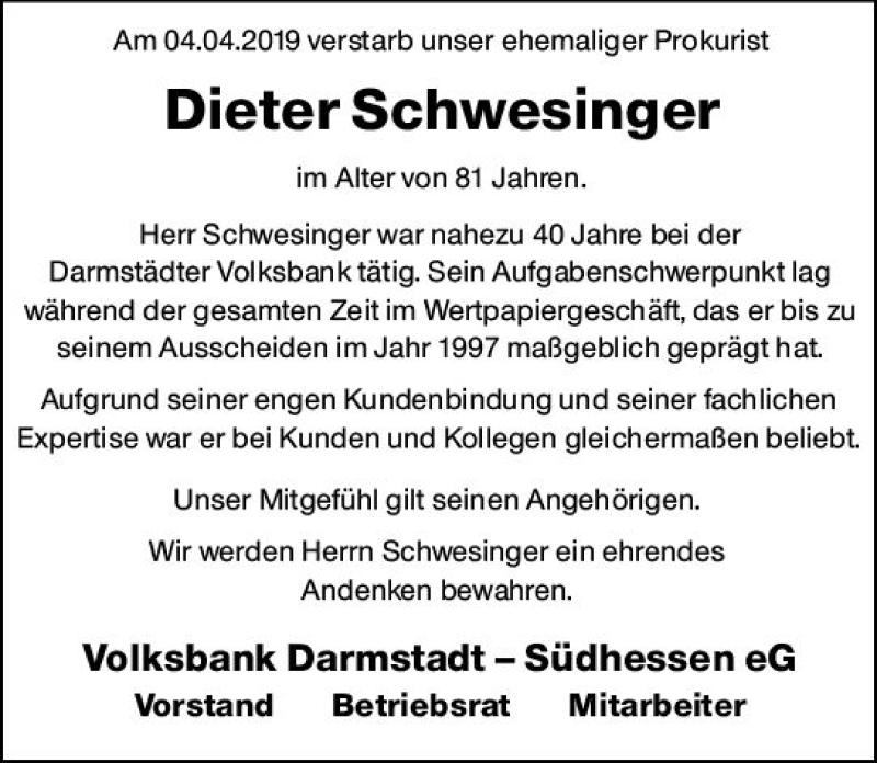  Traueranzeige für Dieter Schwesinger vom 23.04.2019 aus vrm-trauer