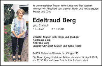 Traueranzeige von Edeltraud Berg von vrm-trauer