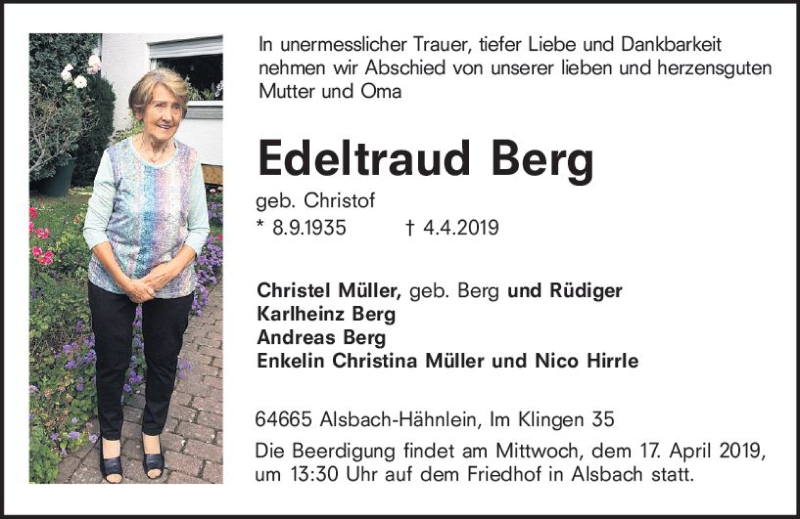  Traueranzeige für Edeltraud Berg vom 13.04.2019 aus vrm-trauer