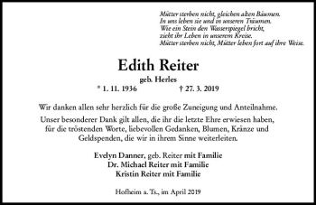 Traueranzeige von Edith Reiter von vrm-trauer