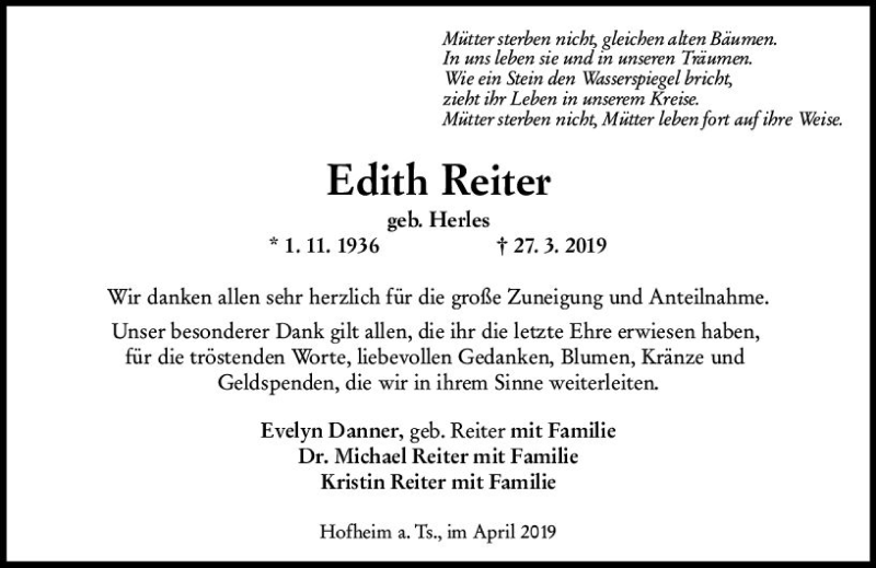  Traueranzeige für Edith Reiter vom 26.04.2019 aus vrm-trauer