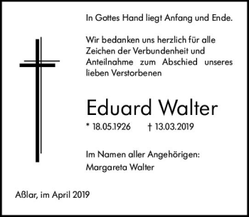 Traueranzeige von Eduard Walter von  WNZ - Wetzlarer Neue Zeitung ()