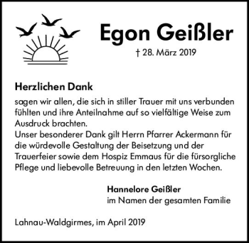 Traueranzeige von Egon Geißler von  WNZ - Wetzlarer Neue Zeitung ()