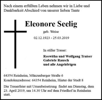 Traueranzeige von Eleonore Seelig von vrm-trauer