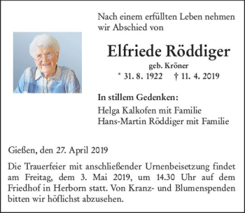 Traueranzeige von Elfiede Röddiger von  Dill Block ()