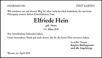 Traueranzeige von Elfriede Hein von vrm-trauer