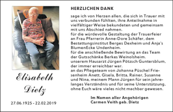 Traueranzeige von Elisabeth Dietz von vrm-trauer